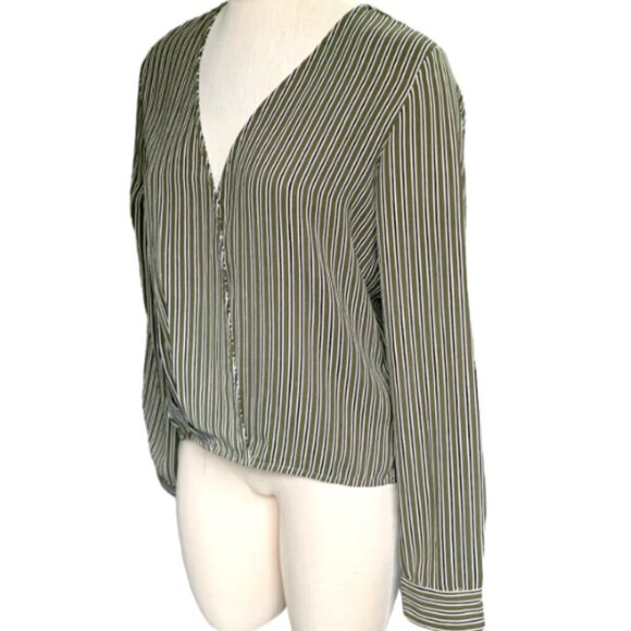 Hem & Thread Striped Long Sleeve Surplice V-Neck Blouse Sz L Olive Green 44G - Picture 4 of 7